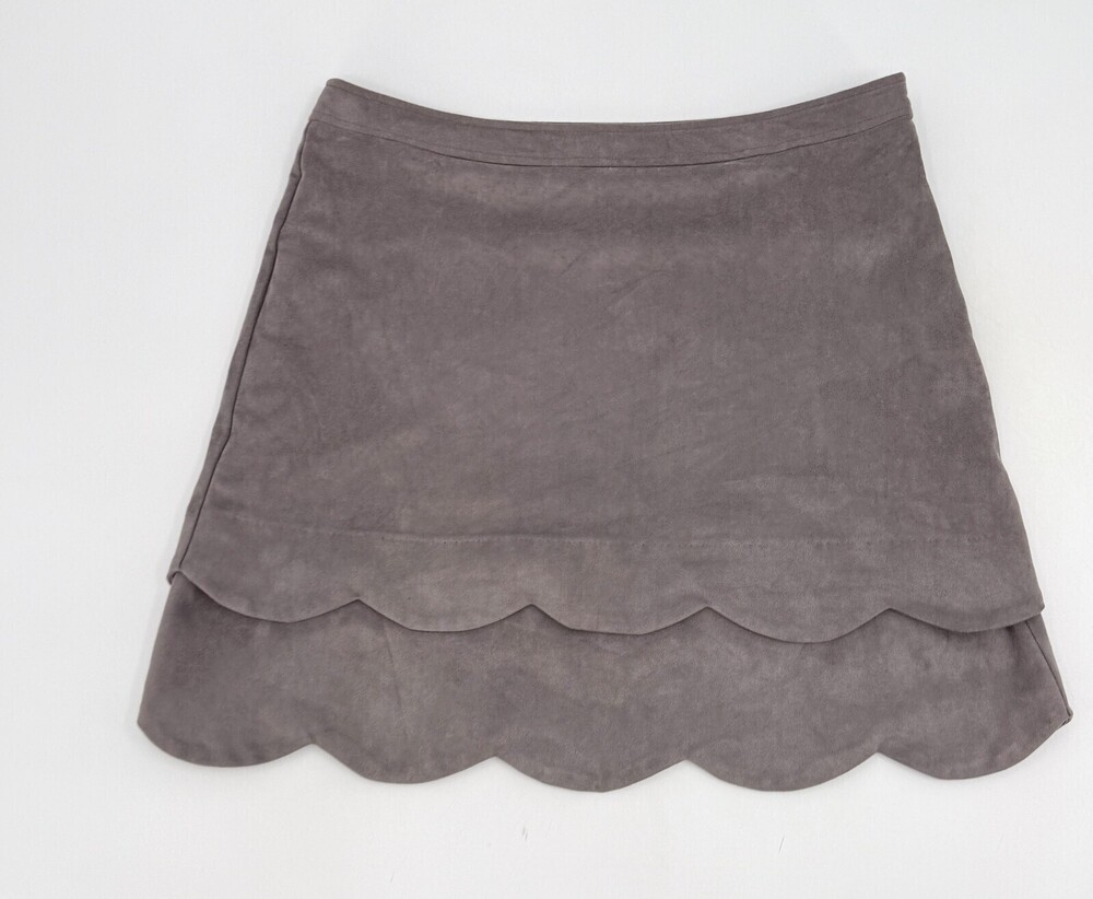 Aryeh Skirt Womens Medium Gray Scallop Hem Layered Mini Faux Suede Stretch